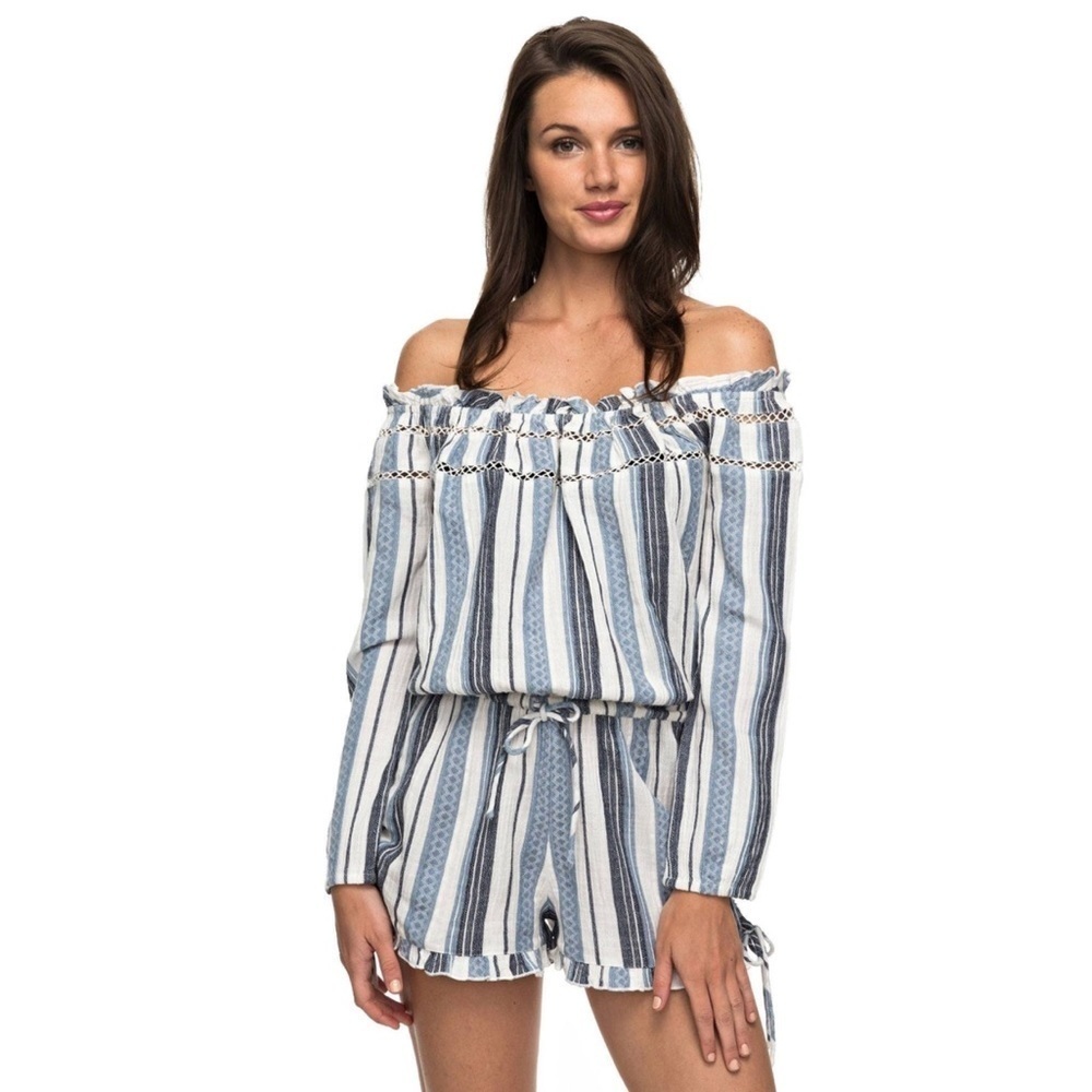 Roxy BOHO‎ Striped Crochet Tie Front Waist Off The Shoulder Romper Size Medium